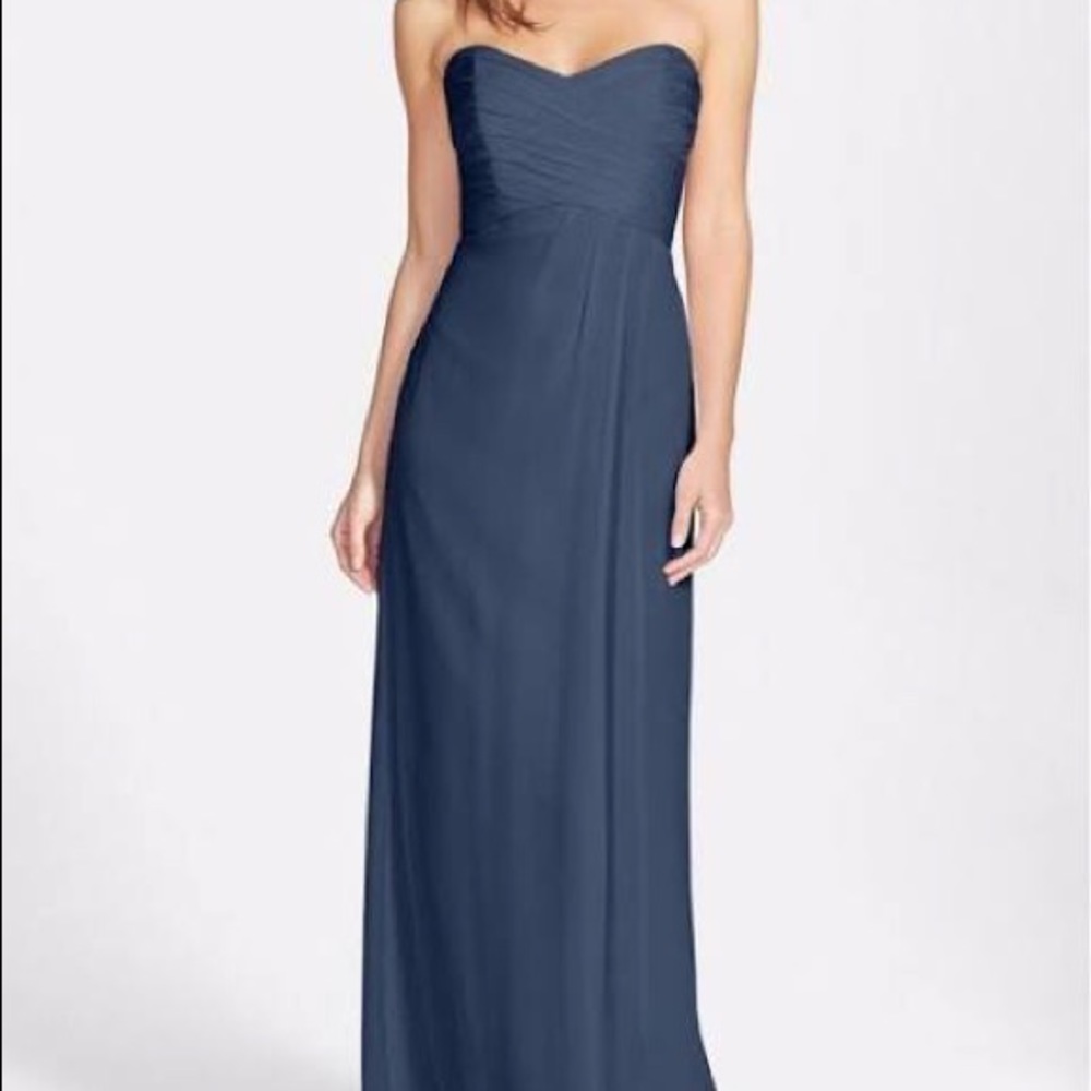 Navy chiffon strapless Amsale gown
